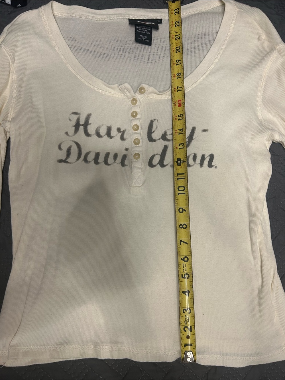 Harley-Davidson Cream Long Sleeve Henley with Script Logo - Picture 2 of 5